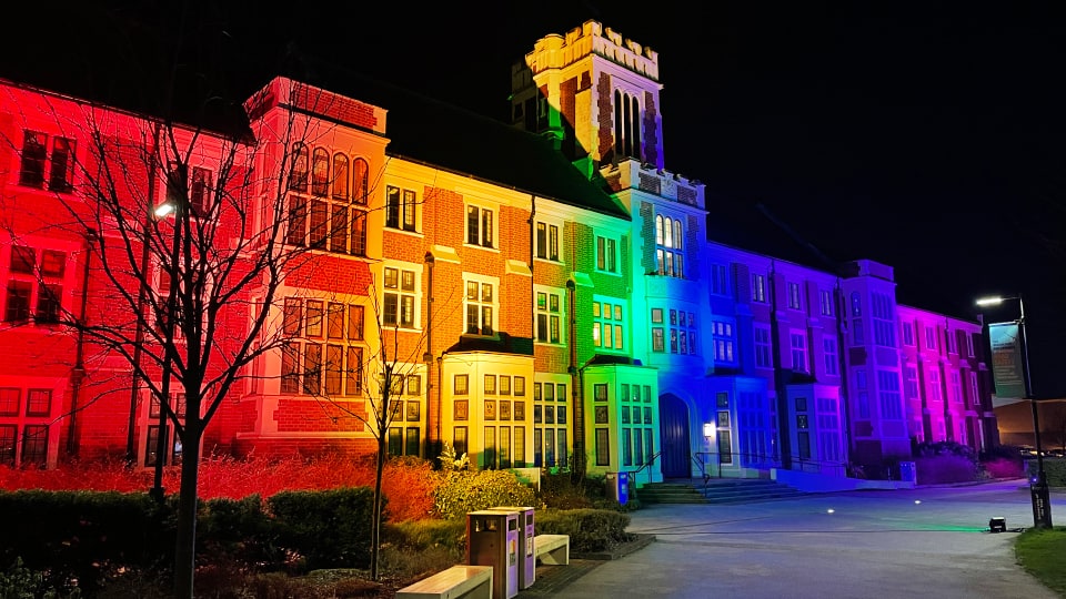 Hazlerigg building lit with rainbow colours